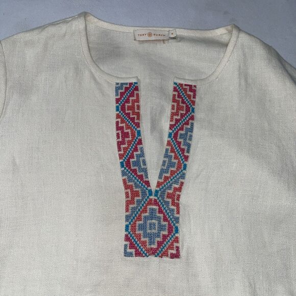 Tory Burch McKenna Tunic Top Ivory Linen $350 – Size 10 Embroidered V Neck - Picture 6 of 13